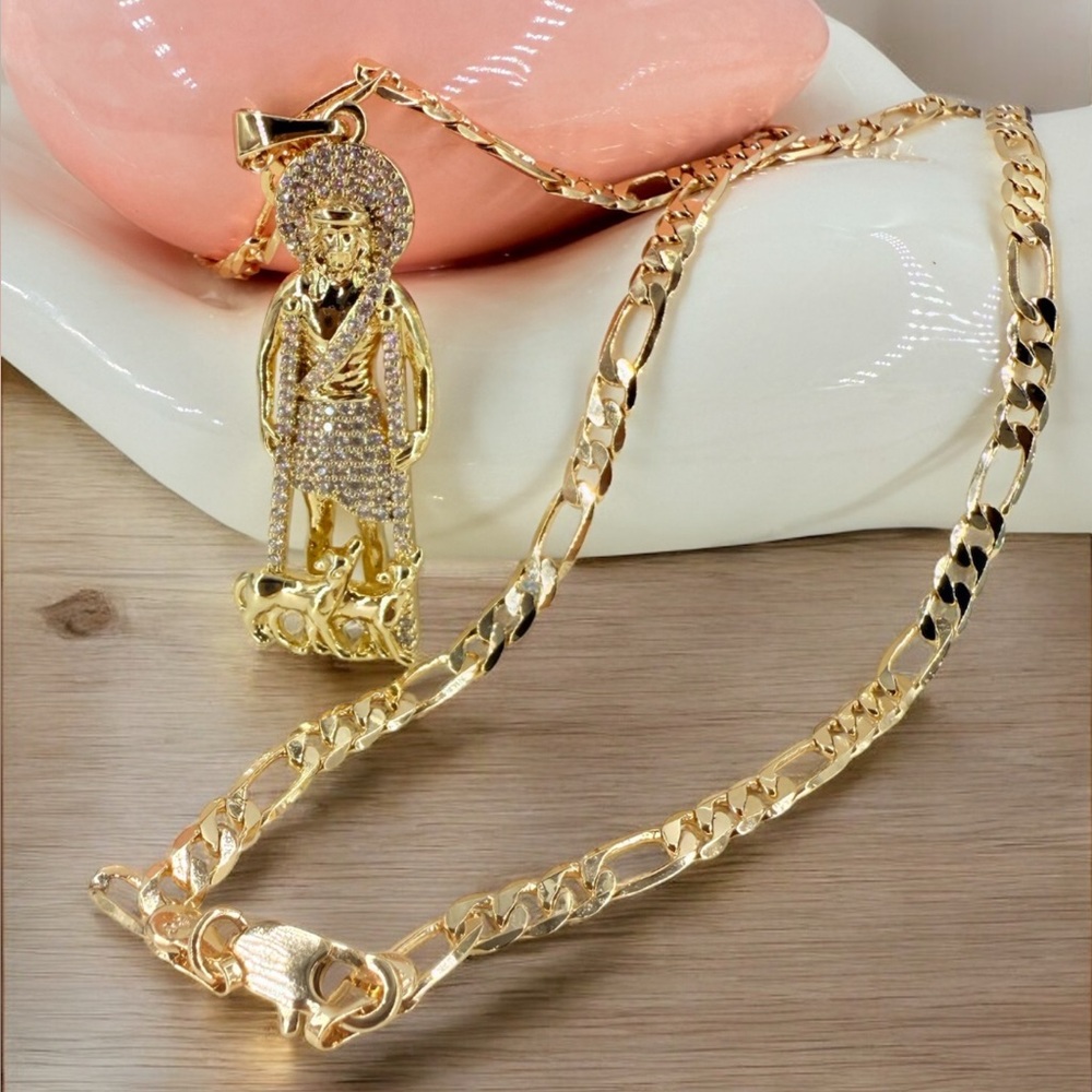 Saint Lazarus Figaro Chain with Iced Pendant 18K Gold Plated Jewelry for Women